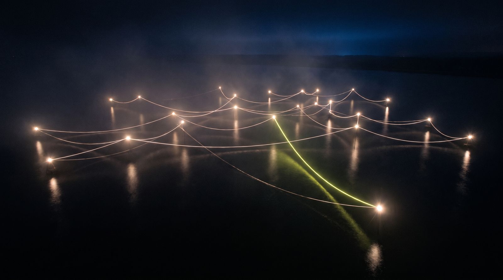 Strings of light between glowing posts over black water, one path lit lime