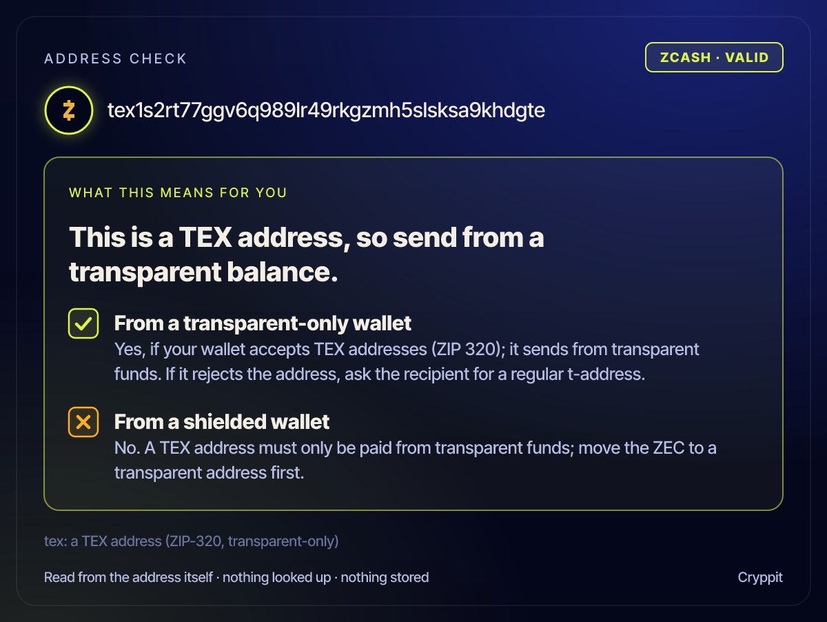 The bot's answer as a picture. Zcash, valid. This is a TEX address, so send from a transparent balance. From a transparent-only wallet: yes. From a shielded wallet: no, move the ZEC to a transparent address first.